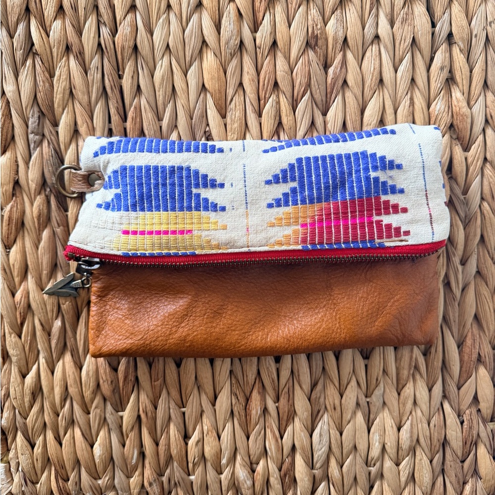 Leather and Woven Fold-Over Clutch in Tan and Multicolor